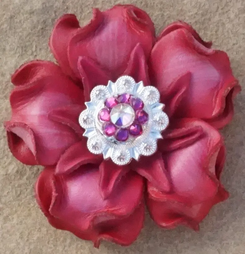 Pink Gardenia Flower With Bright Silver Fuchsia And Ab 1" Concho 1