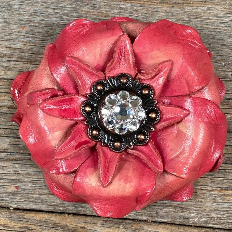 Pink Gardenia Leather Flowers - 1" Crystal Conchos - Options 2