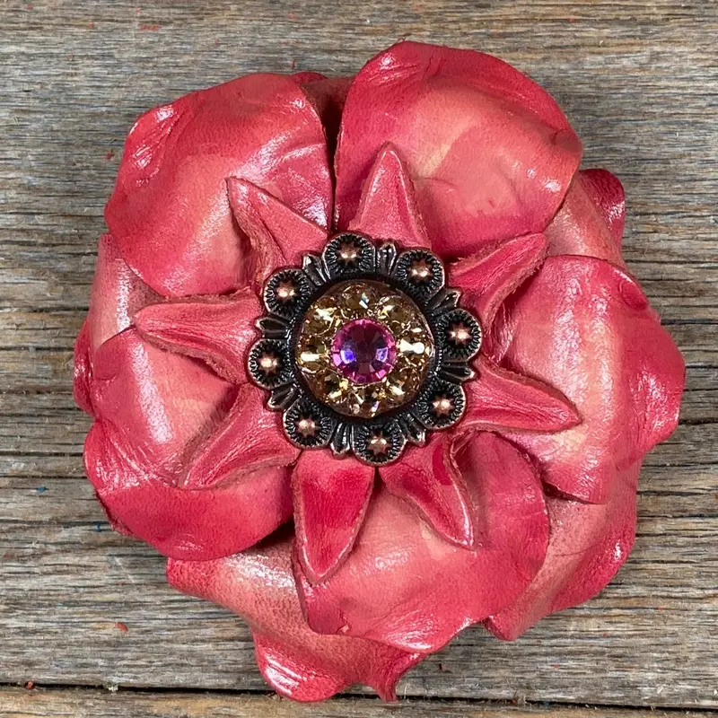 Pink Gardenia Leather Flowers - 1" Crystal Conchos - Options 3