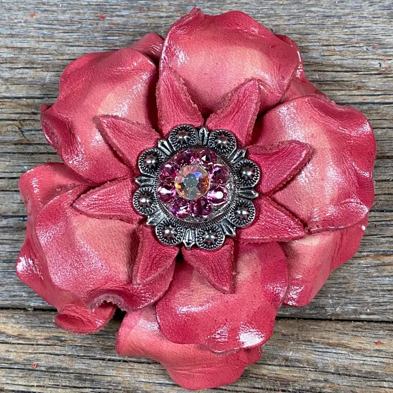 Pink Gardenia Leather Flowers - 1" Crystal Conchos - Options 4