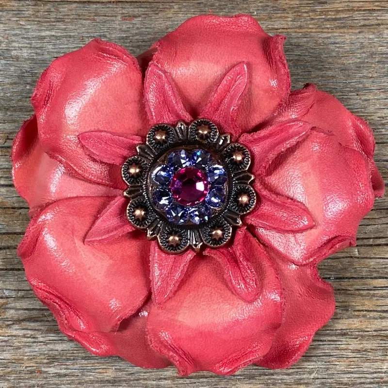 Pink Gardenia Leather Flowers - 1" Crystal Conchos - Options 5