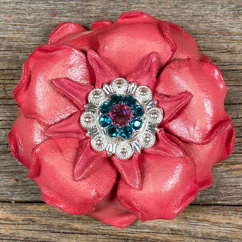 Pink Gardenia Leather Flowers - 1" Crystal Conchos - Options 7