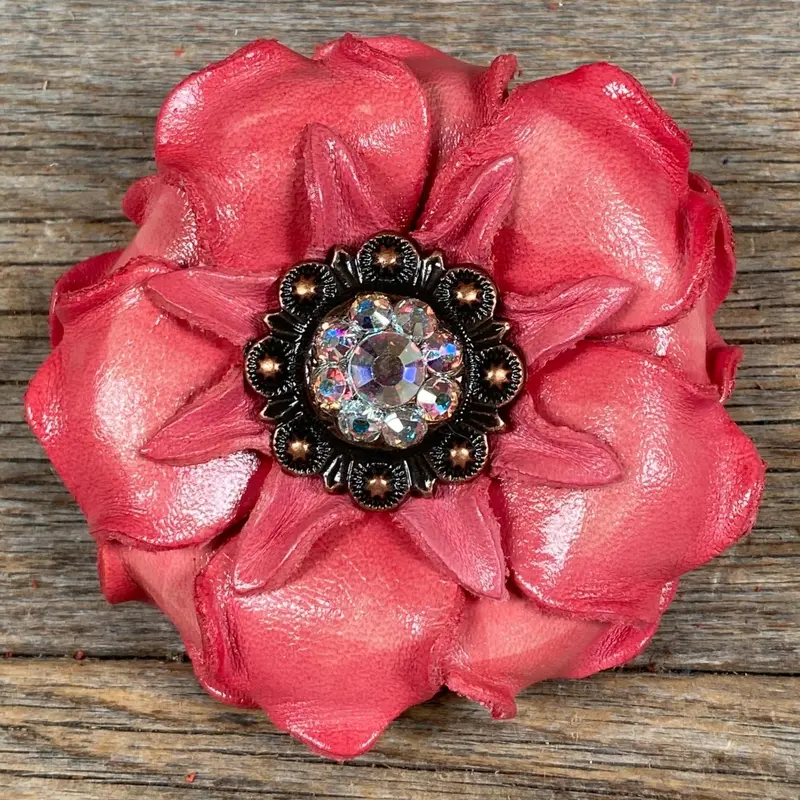 Pink Gardenia Leather Flowers - 1" Crystal Conchos - Options 7