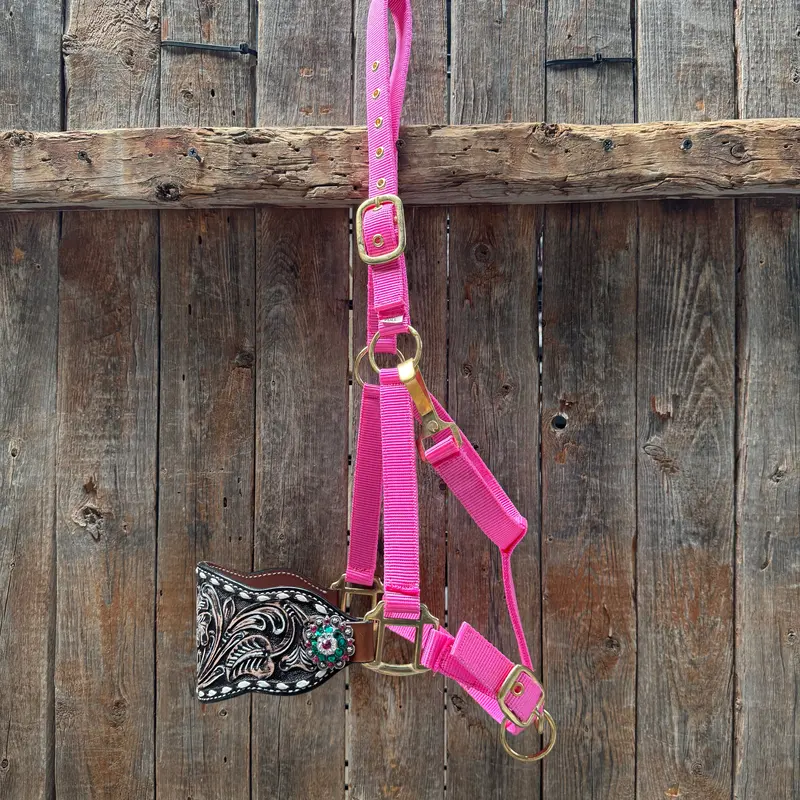 Pink Nylon Horse Halter – Bronc Noseband With Crystal Conchos Nh101 1