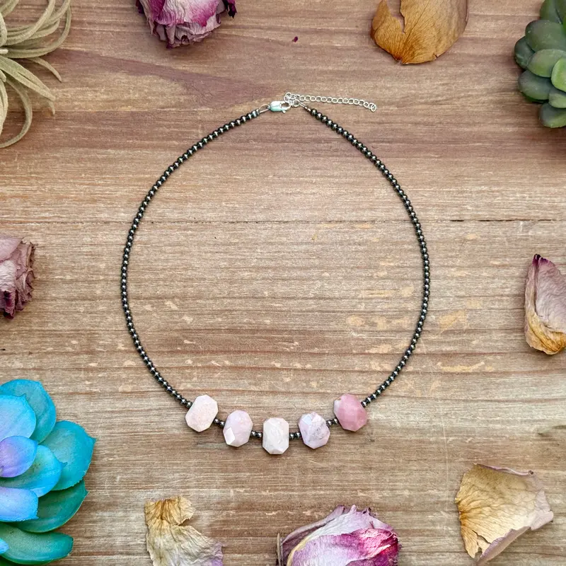 Pink Opal & 3Mm Sterling Silver Pearl Necklace 1