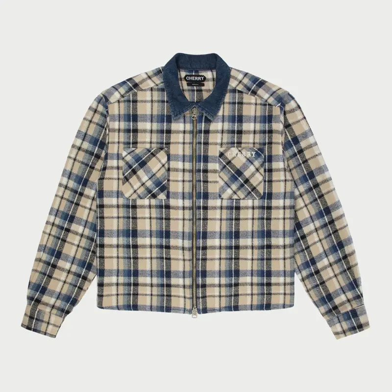 Plaid Zip Shirt Jacket (Beige) 1