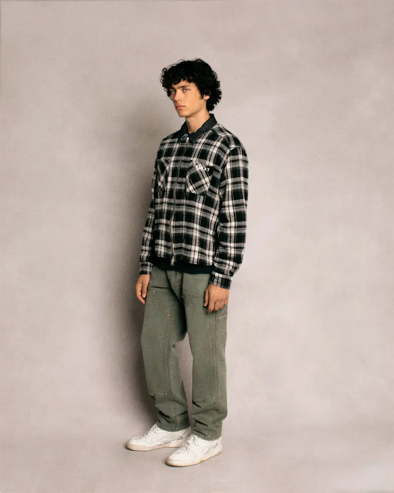 Plaid Zip Shirt Jacket (Black) 5