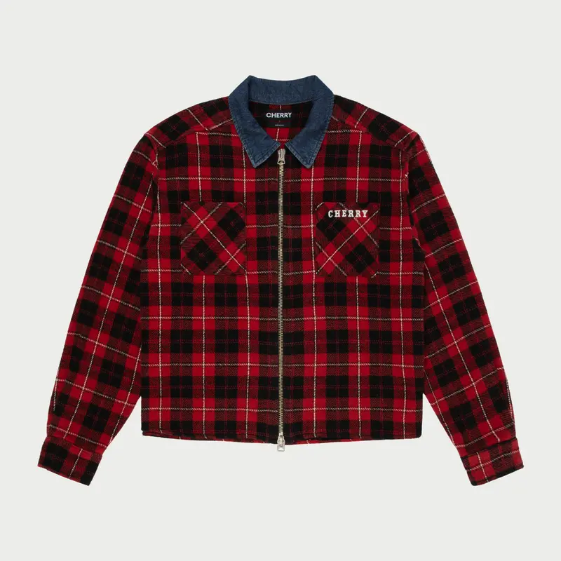 Plaid Zip Shirt Jacket (Red) 1