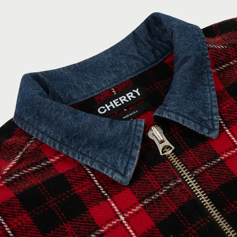 Plaid Zip Shirt Jacket (Red) 4