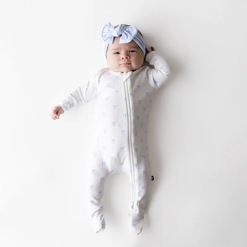 Pointelle Zippered Footie In Sweet Blue Bow 1