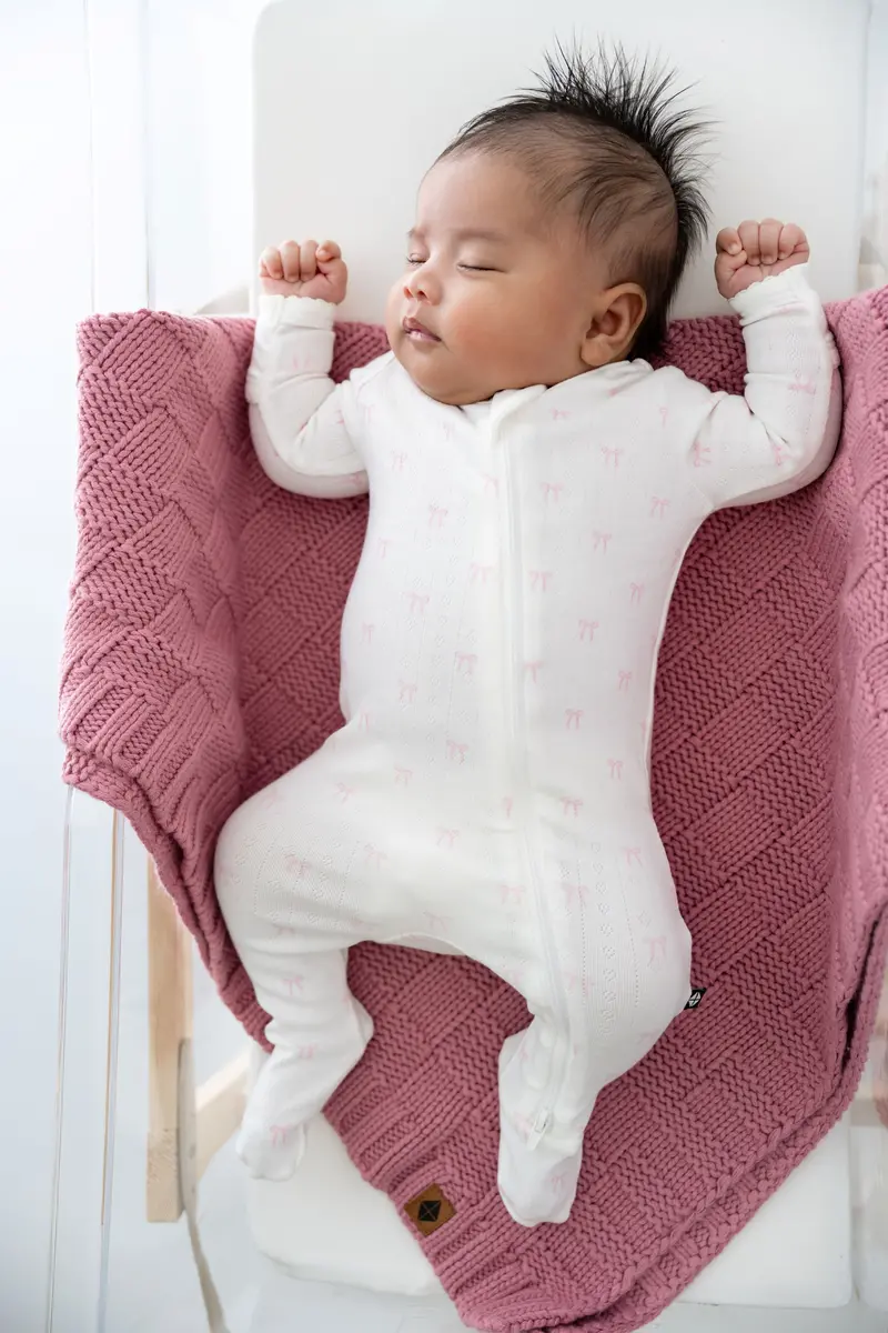 Pointelle Zippered Footie In Sweet Pink Bow 1