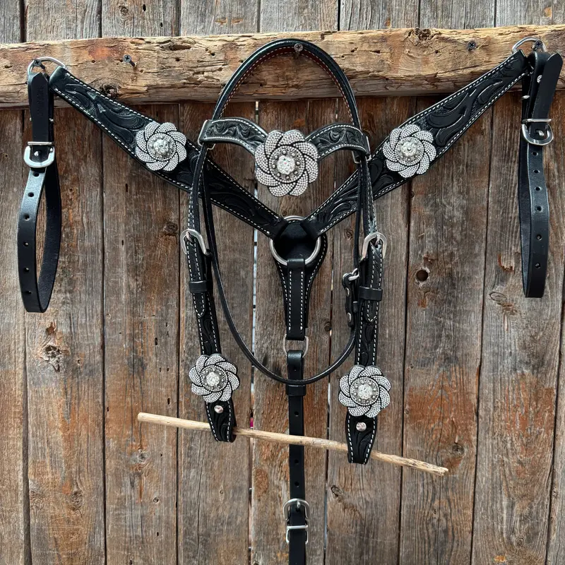 Pony Black Floral Clear Rhinestone V-Browband Tack Set #Bbbc665p 1