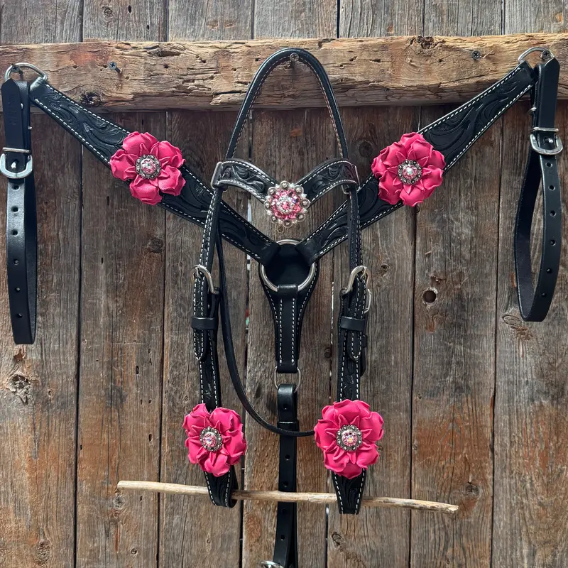 Pony Black Floral Pink Flower V-Browband Tack Set #Bbbc668p 1
