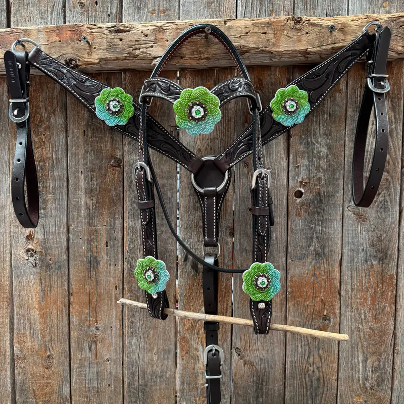 Pony Dark Oil Floral Blue And Green Rhinestone V-Browband Tack Set #Bbbc666p 1
