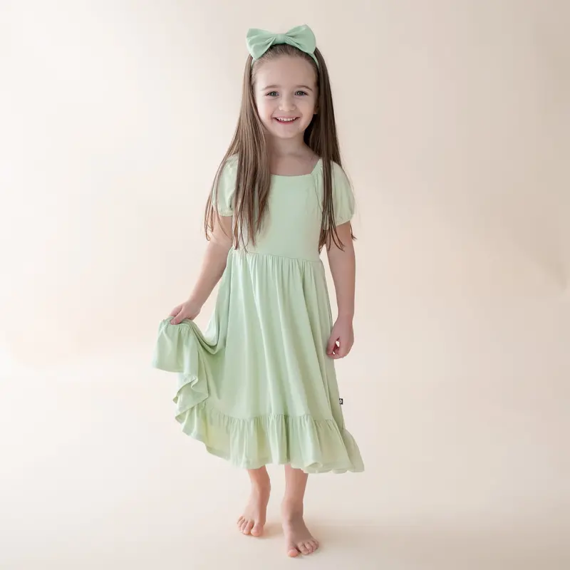 Puff Sleeve Twirl Dress In Basil 1