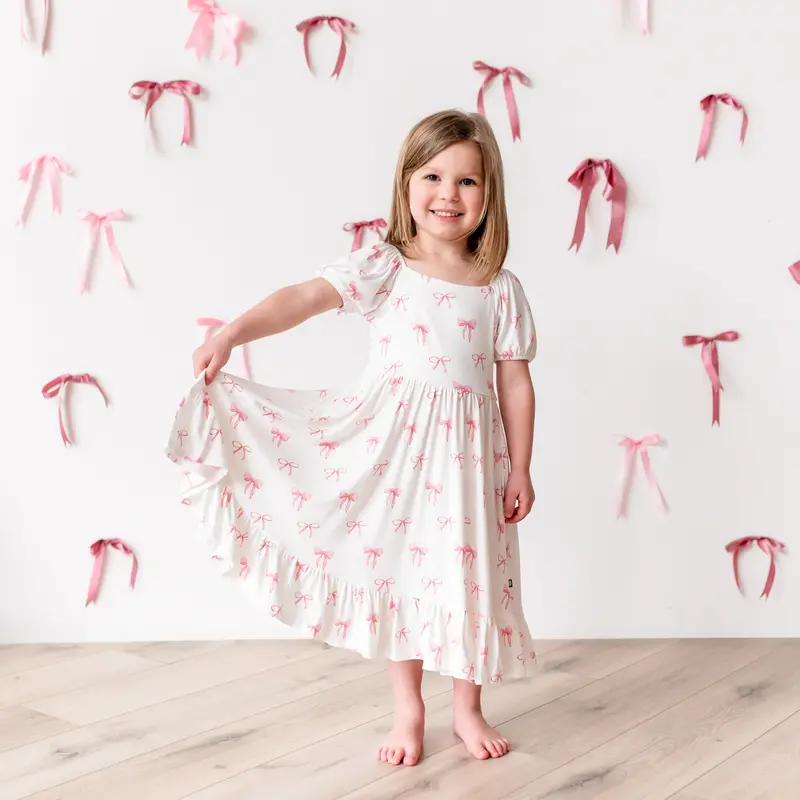 Puff Sleeve Twirl Dress In Bow 1