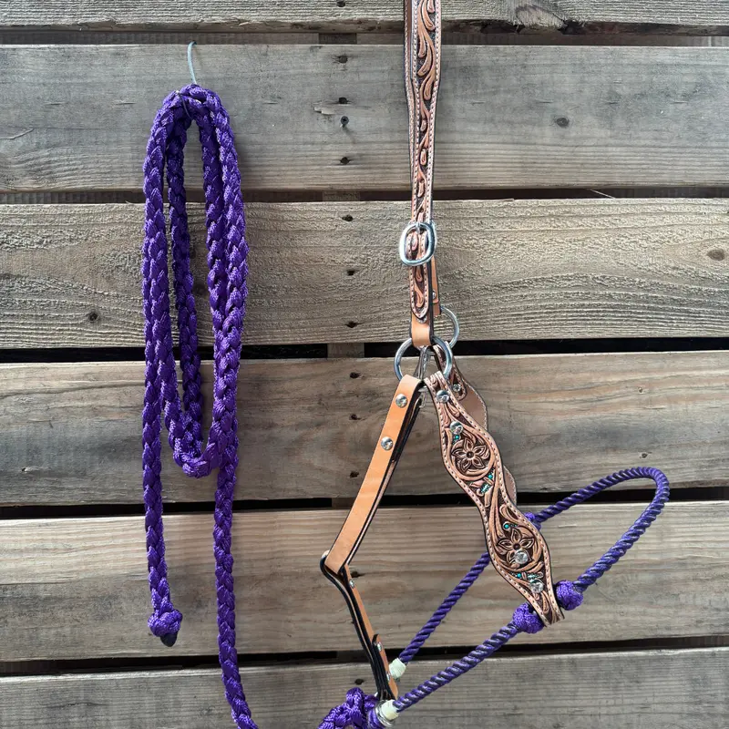 Purple Floral Tooled Lariat & Leather Combo Halter 1