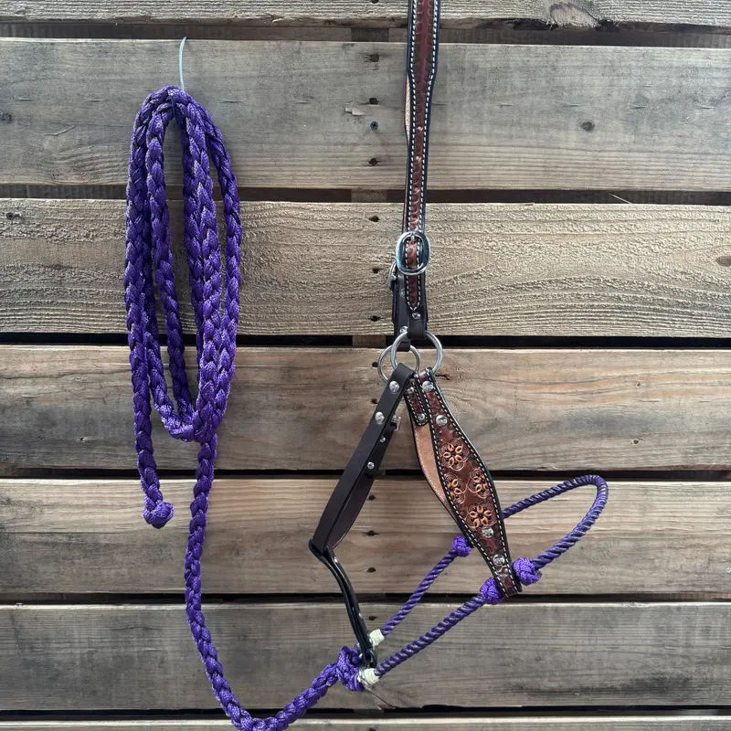 Purple Flower Power Tooled Lariat & Leather Combo Halter 1