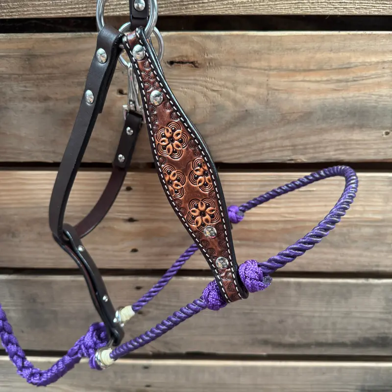 Purple Flower Power Tooled Lariat & Leather Combo Halter 2