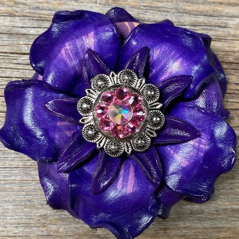 Purple Gardenia Flower With Antique Silver Pink & Ab 1" Concho 1