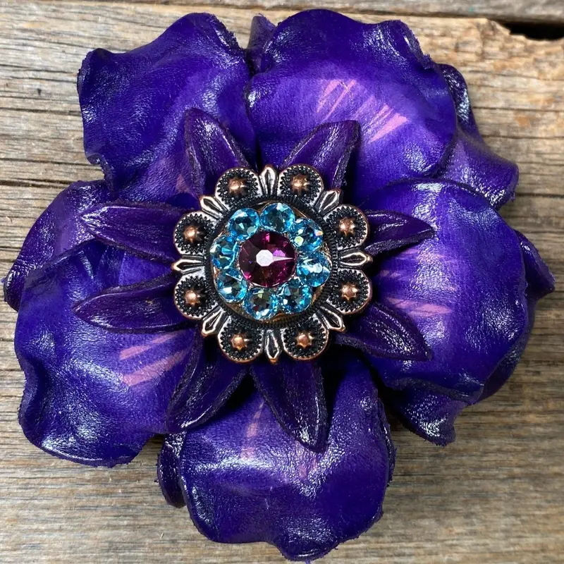 Purple Gardenia Flower With Copper Amethyst & Aqua 1" Concho 1