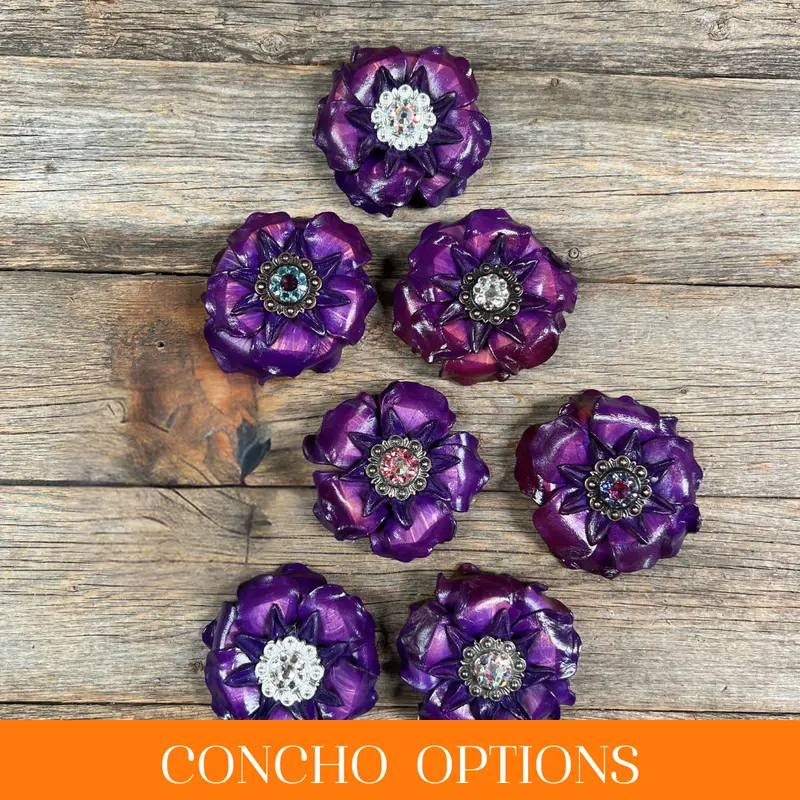 Purple Gardenia Leather Flowers - 1" Crystal Conchos - Options 1