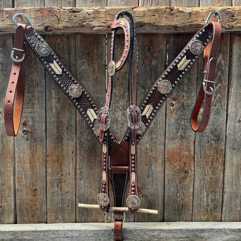 Rawhide Cactus And Flower One Ear Headstall And Breastcollar Tack Set #Oebc403 1