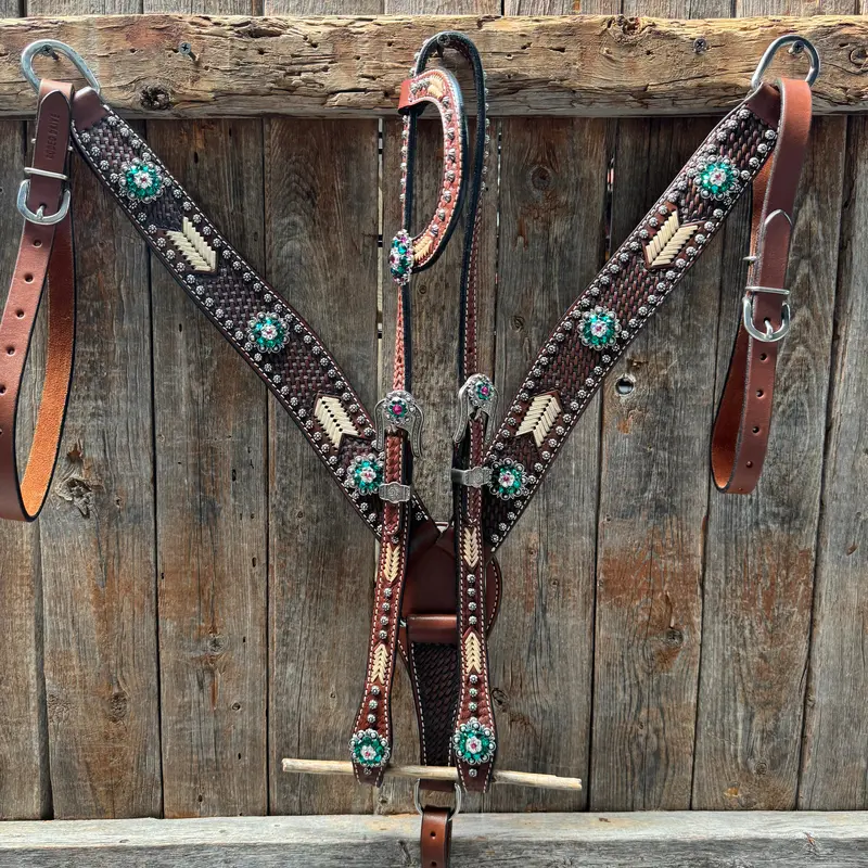 Rawhide Fuchsia, Clear And Emerald One Ear Headstall And Breastcollar Tack Set #Oebc412 1