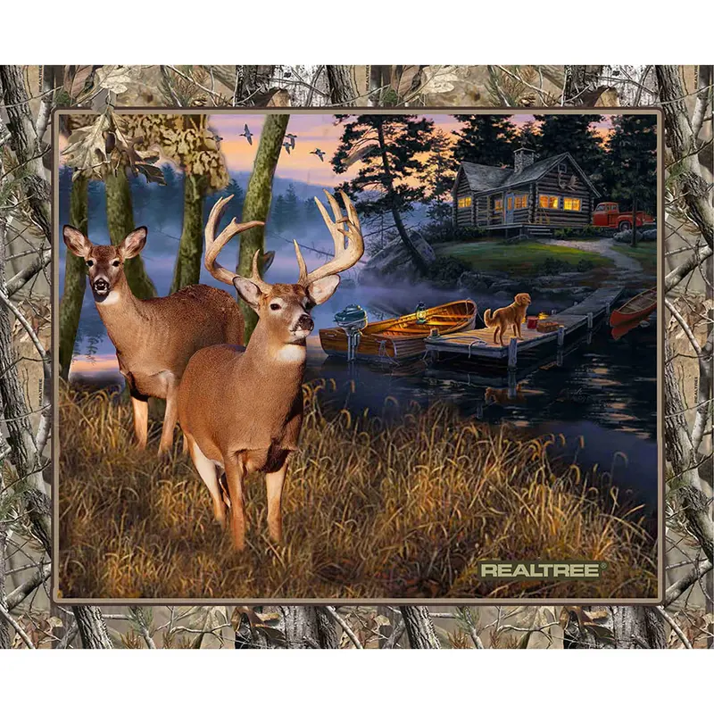 Realtree Lakeside Sunse T 36" Panel By Print Concepts, 10164, . 100% Cotton, Deer, Doe And Golden Retrievers 1