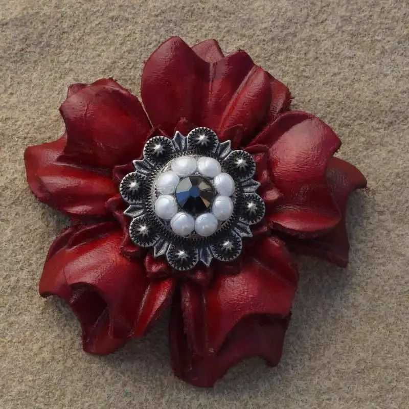Red Carnation Flower With Antique Silver Jet & Pearl 1" Concho 1