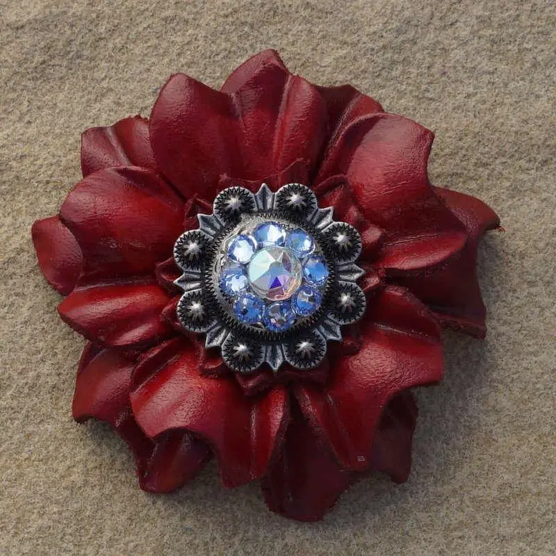 Red Carnation Flower With Antique Silver Light Sapphire And Ab 1" Concho 1