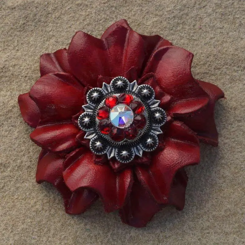 Red Carnation Flower With Antique Silver Ruby And Ab 1" Concho 1