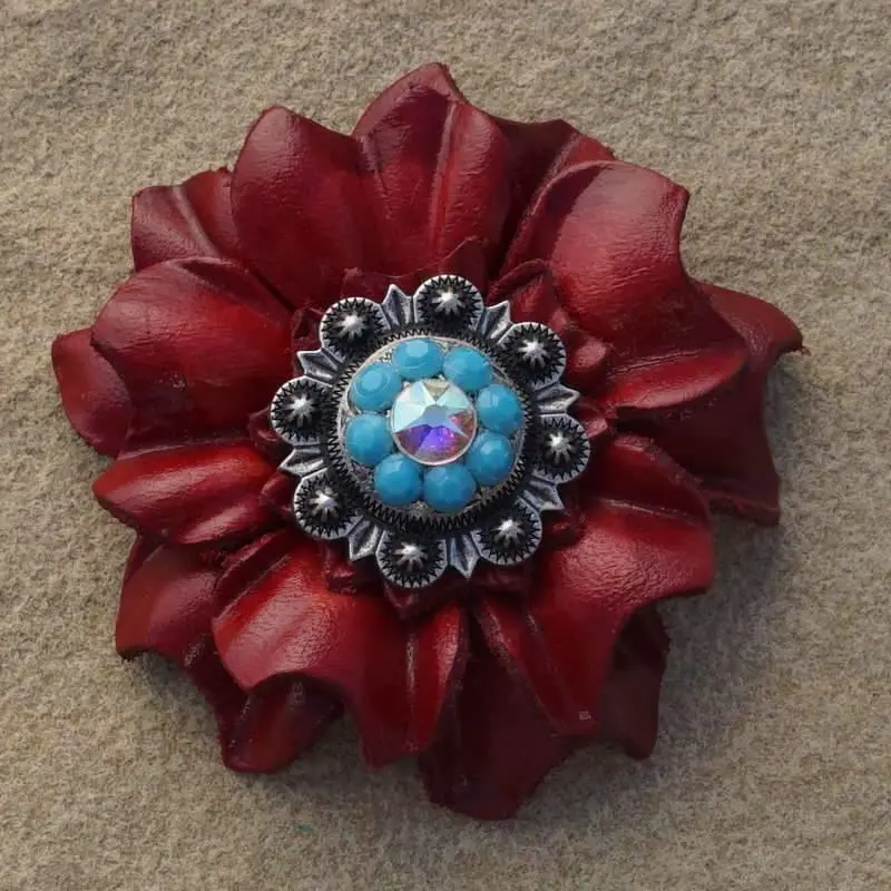 Red Carnation Flower With Antique Silver Turquoise & Ab 1" Concho 1