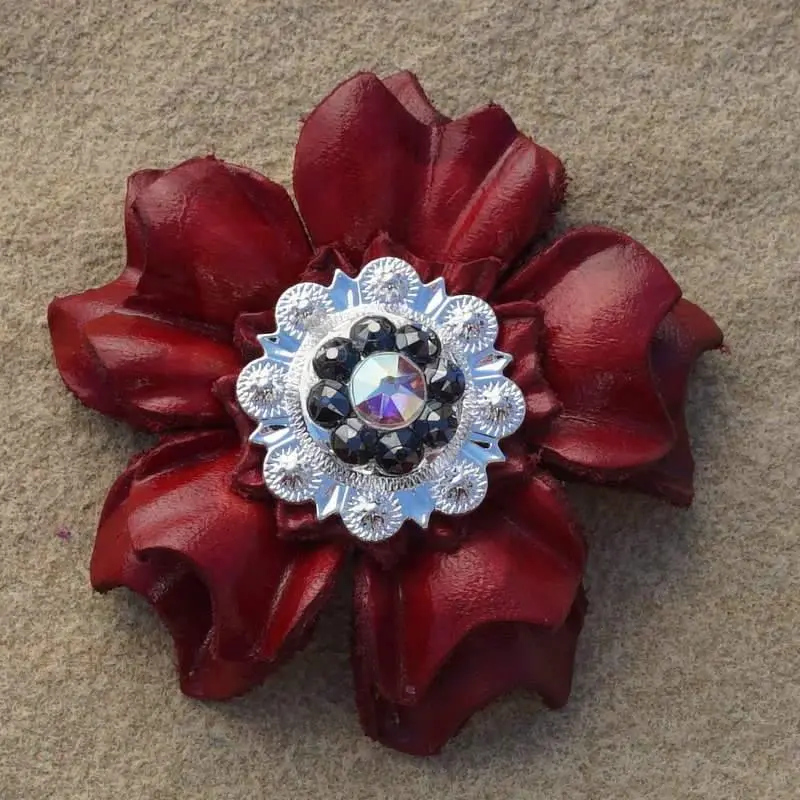 Red Carnation Flower With Bright Silver Jet & Ab 1" Concho 1