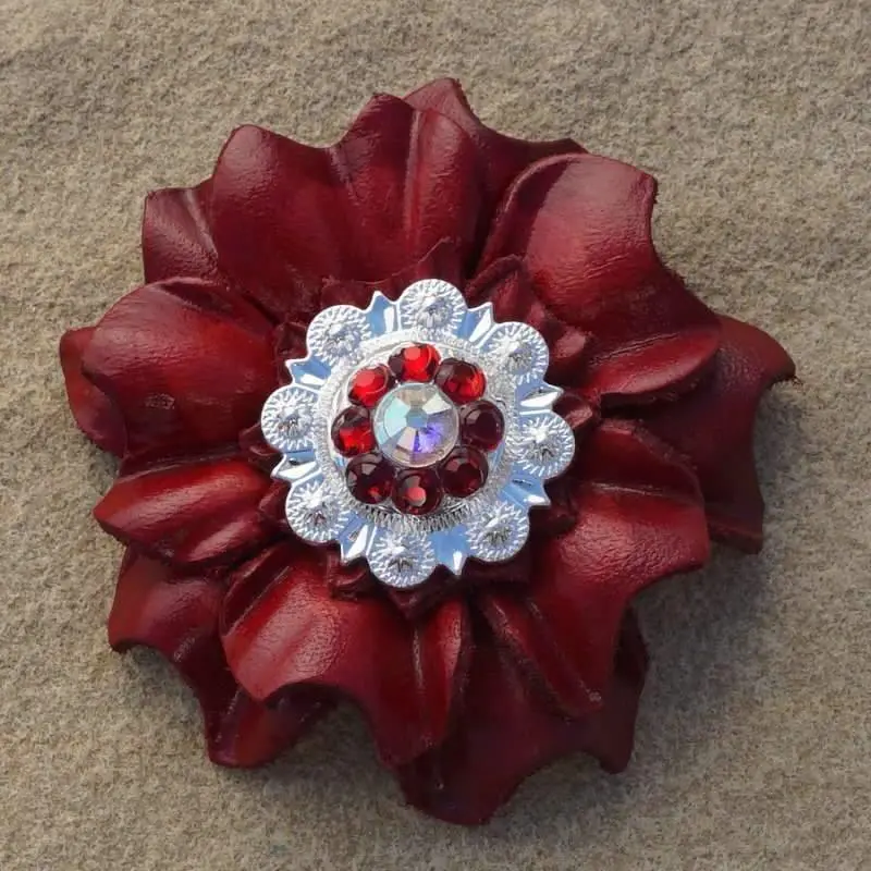 Red Carnation Flower With Bright Silver Ruby & Ab 1" Concho 1