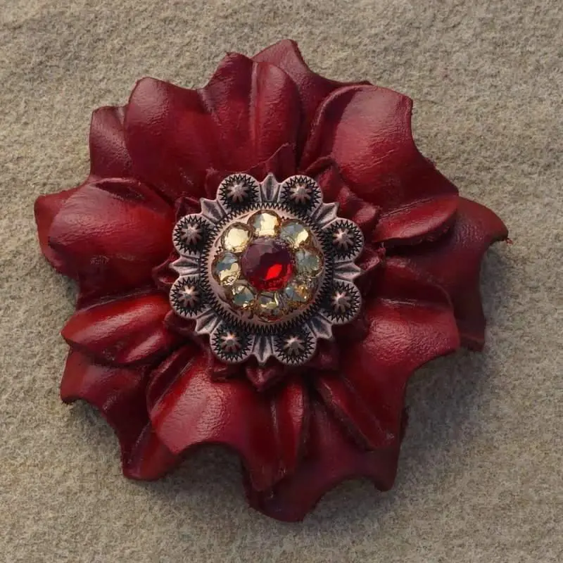 Red Carnation Flower With Copper Ruby & Champagne 1" Concho 1