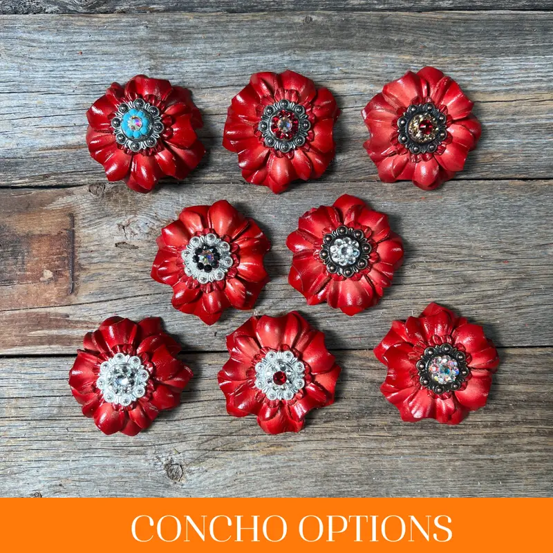 Red Carnations Leather Flowers - 1" Crystal Conchos - Options 1