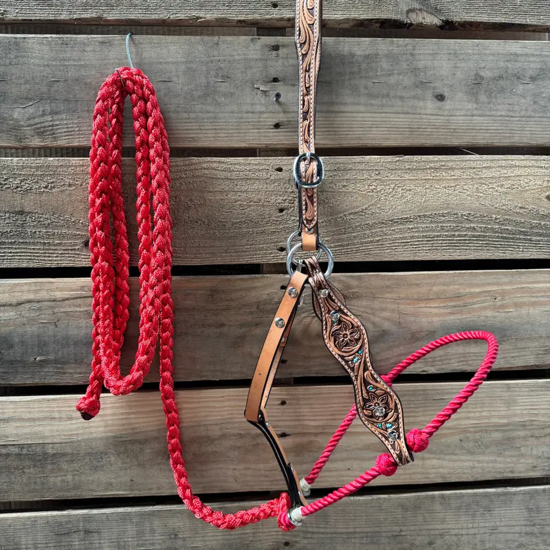 Red Floral Tooled Lariat & Leather Combo Halter 1