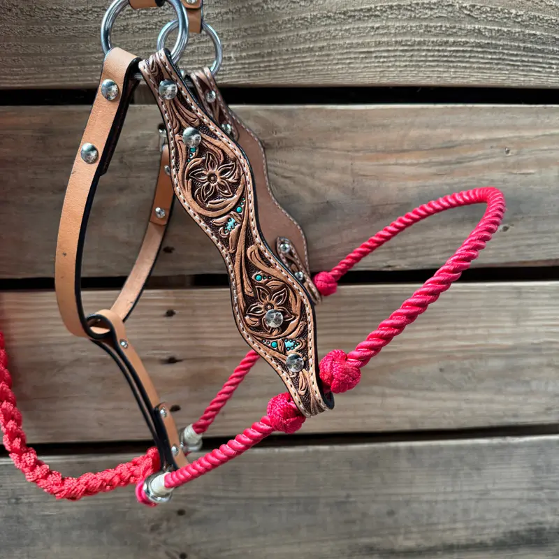 Red Floral Tooled Lariat & Leather Combo Halter 2