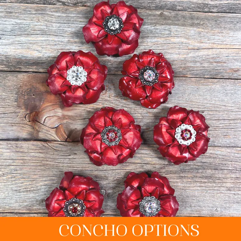 Red Gardenia Leather Flowers - 1" Crystal Conchos - Options 1