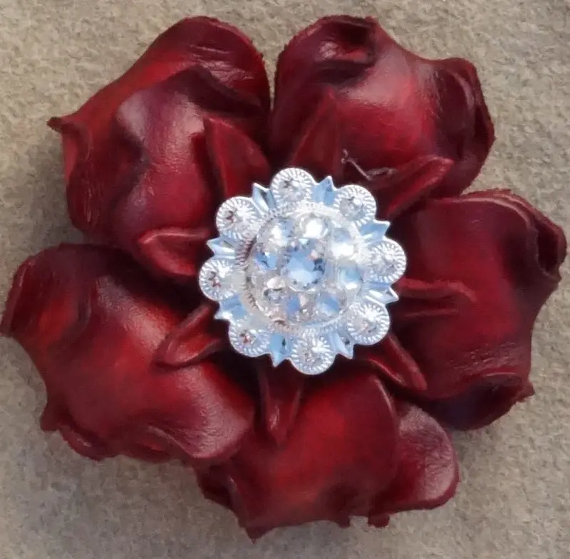 Red Gardenia Leather Flowers - 1" Crystal Conchos - Options 3