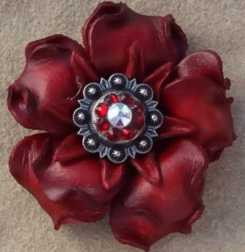 Red Gardenia Leather Flowers - 1" Crystal Conchos - Options 5