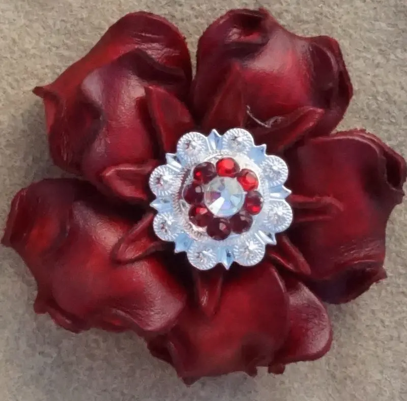 Red Gardenia Leather Flowers - 1" Crystal Conchos - Options 6
