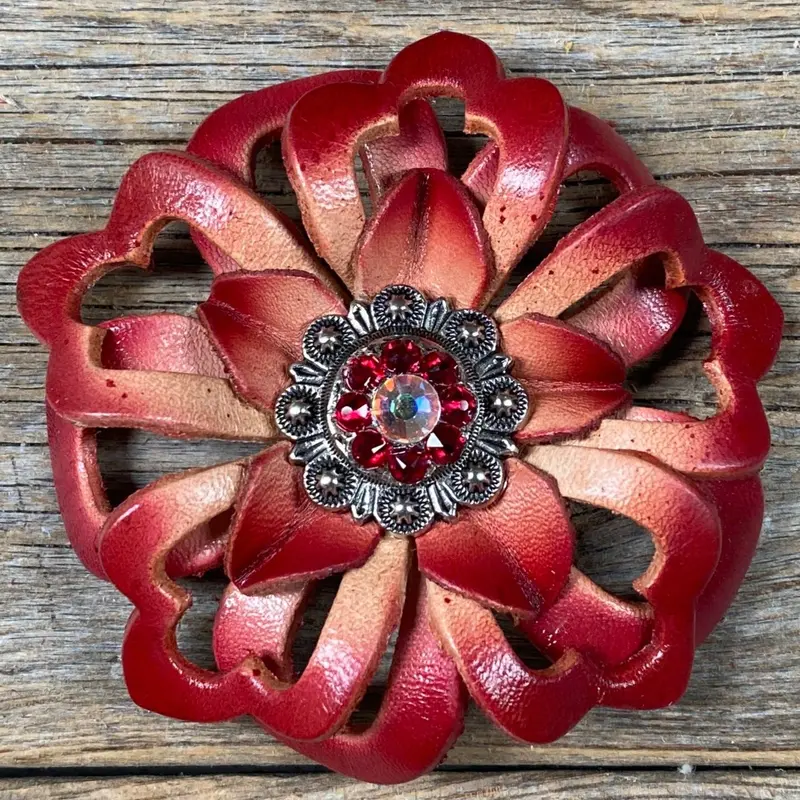 Red Lotus Flower With Antique Silver Ruby, Ab 1" Concho 1