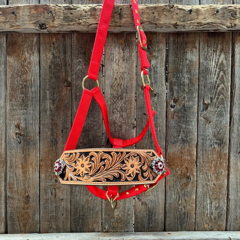 Red Nylon Horse Halter – Bronc Noseband With Crystal Conchos Nh113 2