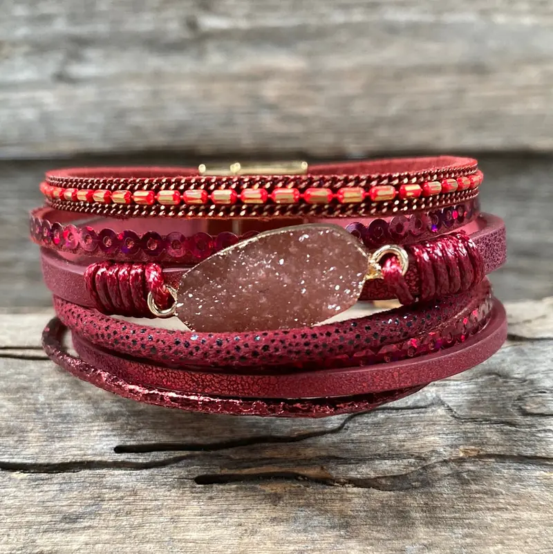 Red Stone And Leather Fashion Bracelet Xi135 1