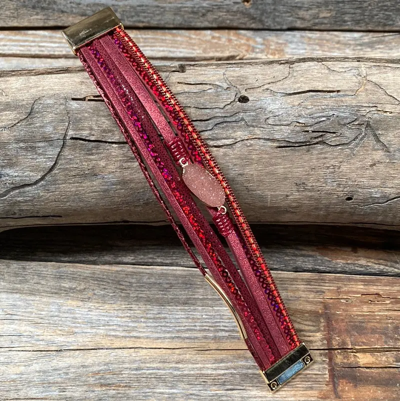 Red Stone And Leather Fashion Bracelet Xi135 2