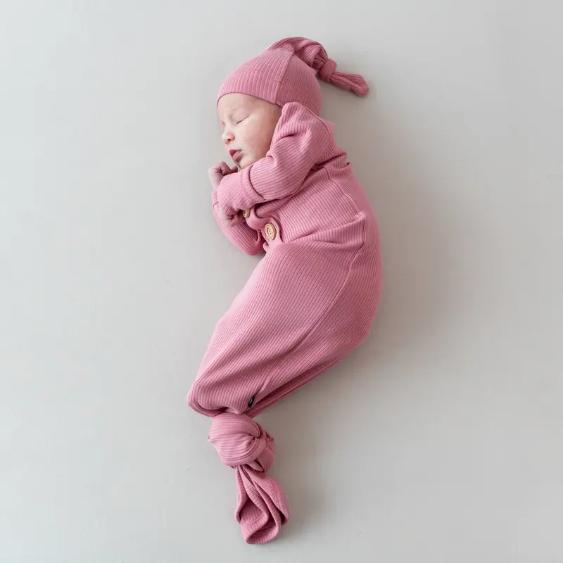 Ribbed Knotted Gown With Hat Set In Apple Blossom 1