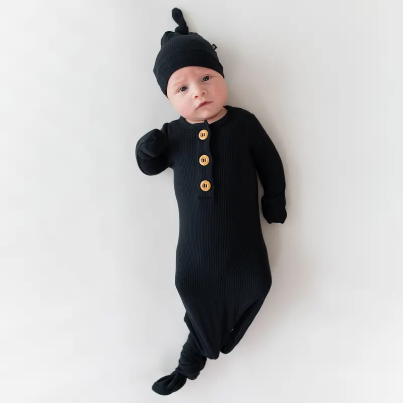 Ribbed Knotted Gown With Hat Set In Midnight 1