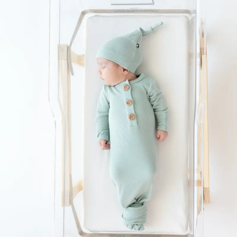 Ribbed Knotted Gown With Hat Set In Sage 1